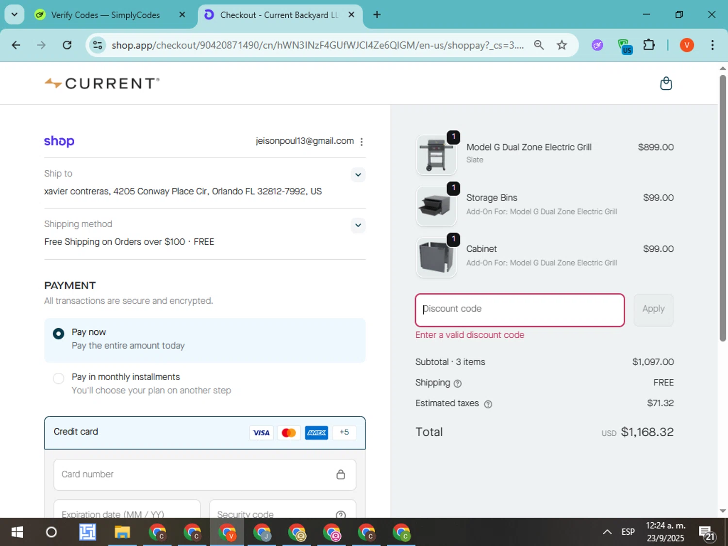 Current Backyard promo code screenshot showing code 21SEPT applied at Current Backyard checkout page. Uploaded by SimplyCodes community member CodeMonarch8148 on Sep 23, 2025