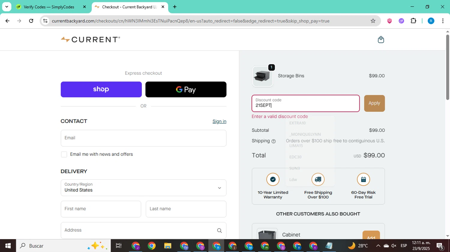 Current Backyard promo code screenshot showing code 21SEPT applied at Current Backyard checkout page. Uploaded by SimplyCodes community member CodeShopper8605 on Sep 23, 2025