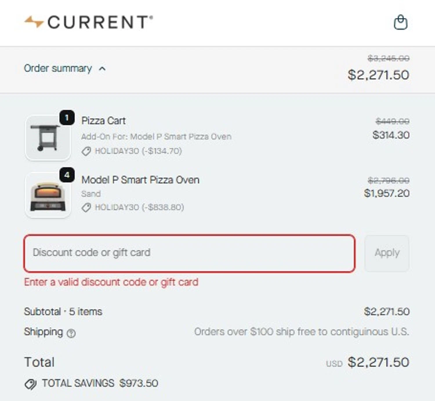 Current Backyard promo code screenshot showing code HOLIDAY30 applied at Current Backyard checkout page. Uploaded by SimplyCodes community member EugeRM on Dec 26, 2025
