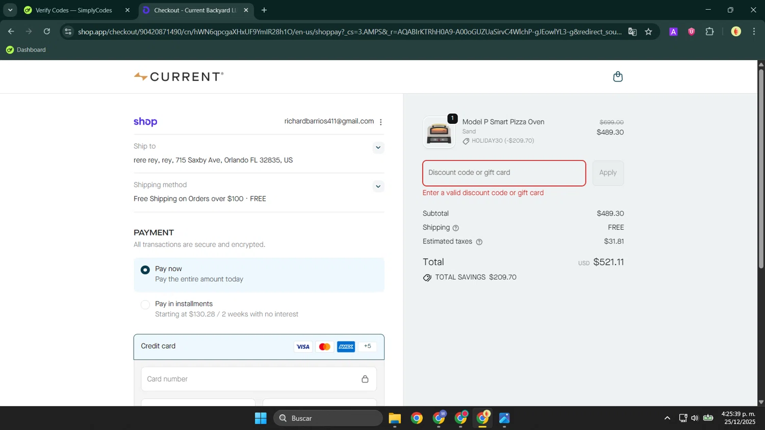 Current Backyard promo code screenshot showing code HOLIDAY30 applied at Current Backyard checkout page. Uploaded by SimplyCodes community member LuckyShopper9694 on Dec 25, 2025