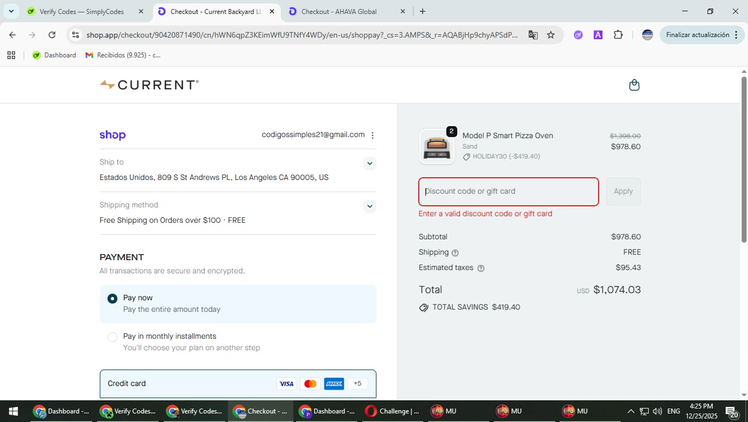 Current Backyard promo code screenshot showing code HOLIDAY30 applied at Current Backyard checkout page. Uploaded by SimplyCodes community member Typhlosion on Dec 25, 2025