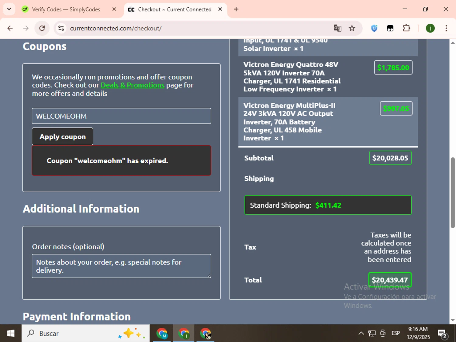 Current Connected coupon code screenshot showing code WELCOMEOHM applied at Current Connected checkout page. Uploaded by SimplyCodes community member SavingsCollector2592 on Dec 9, 2025