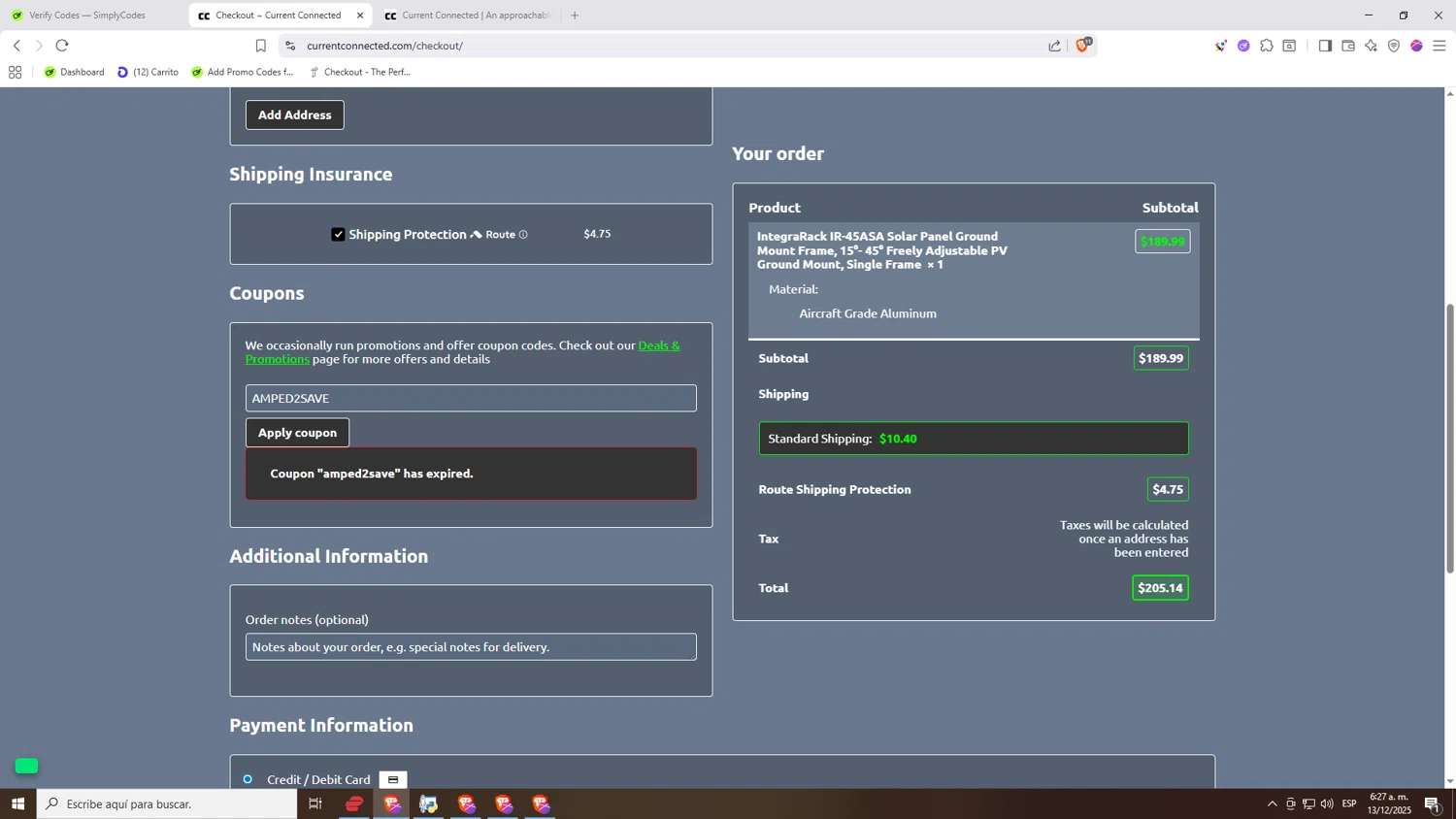 Current Connected coupon code screenshot showing code AMPED2SAVE applied at Current Connected checkout page. Uploaded by SimplyCodes community member Nezukooo on Dec 13, 2025