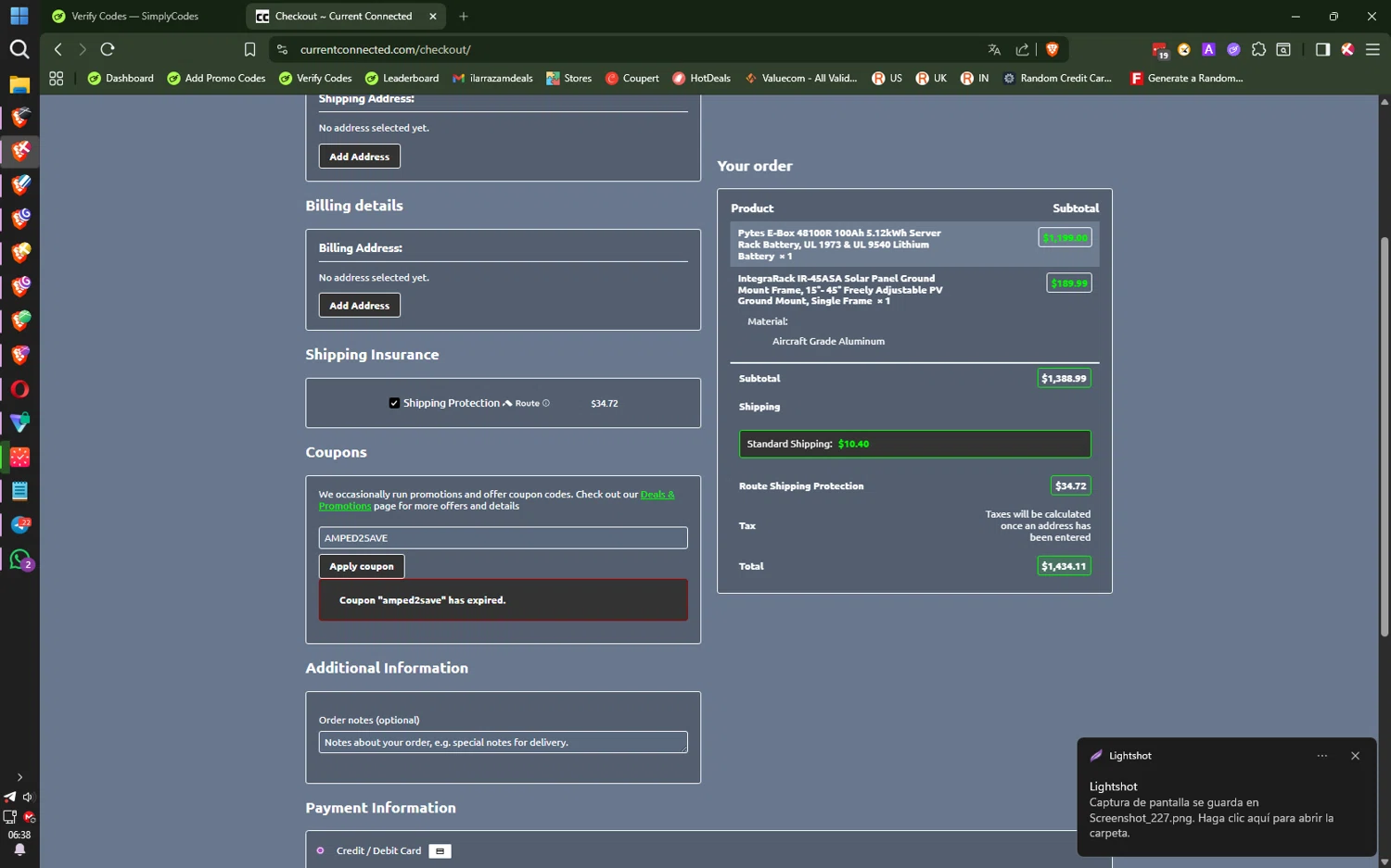 Current Connected coupon code screenshot showing code AMPED2SAVE applied at Current Connected checkout page. Uploaded by SimplyCodes community member IronMind4607 on Dec 13, 2025
