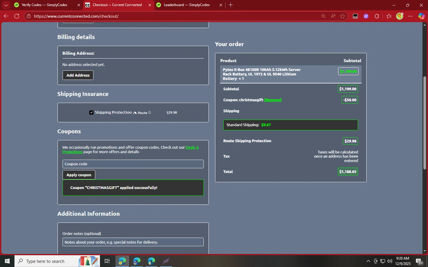 Current Connected coupon code screenshot showing code CHRISTMASGIFT applied at Current Connected checkout page. Uploaded by SimplyCodes community member jvllsk2 on Dec 9, 2025