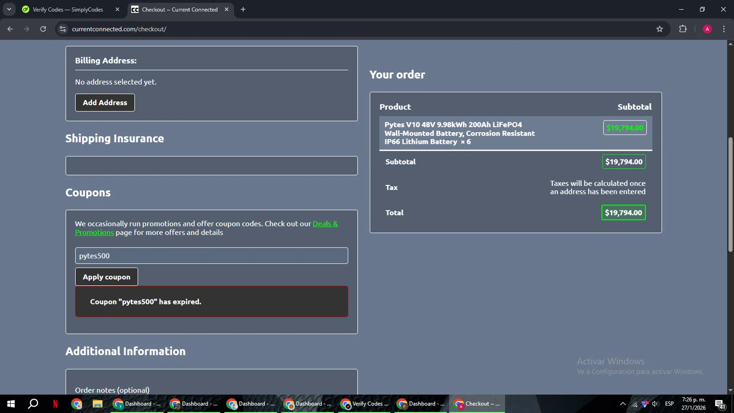 Current Connected coupon code screenshot showing code pytes500 applied at Current Connected checkout page. Uploaded by SimplyCodes community member BMWGS1200 on Jan 27, 2026