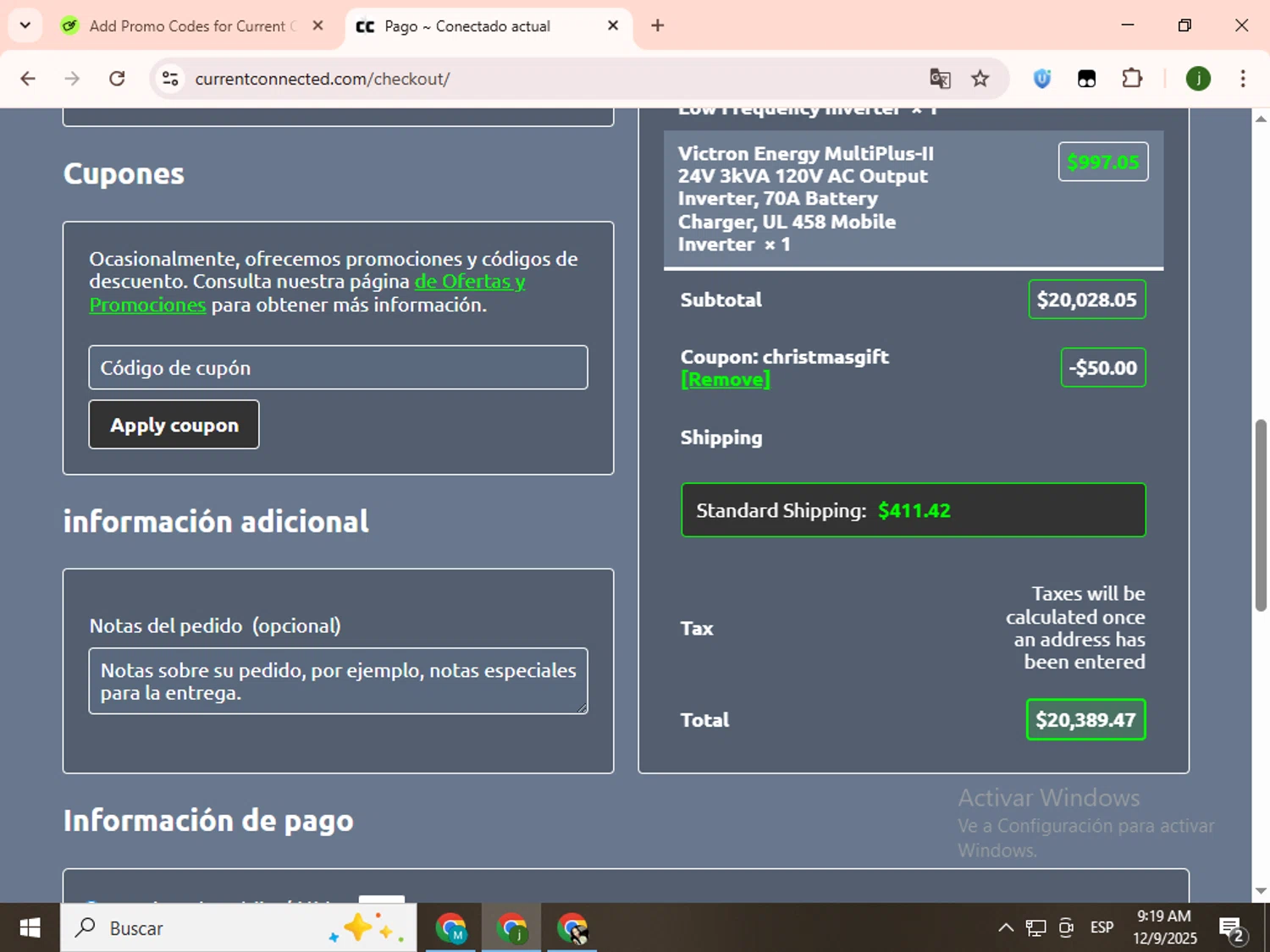 Current Connected coupon code screenshot showing code CHRISTMASGIFT applied at Current Connected checkout page. Uploaded by SimplyCodes community member SavingsCollector2592 on Dec 9, 2025