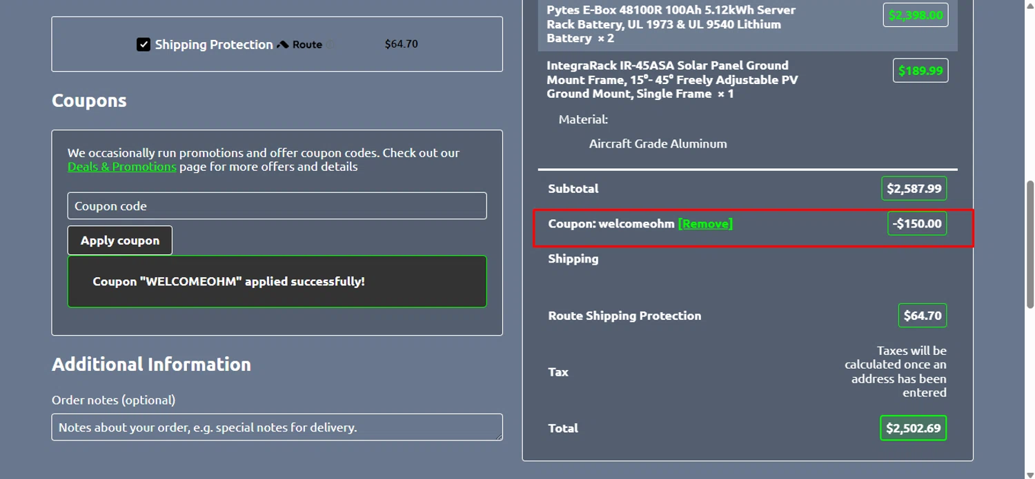 Current Connected coupon code screenshot showing code WELCOMEOHM applied at Current Connected checkout page. Uploaded by SimplyCodes community member anosesmith on Nov 10, 2025