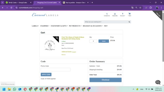 Current Labels checkout page showing Current Labels promo code box | Screenshot taken by SimplyCodes community member on Aug 28, 2025