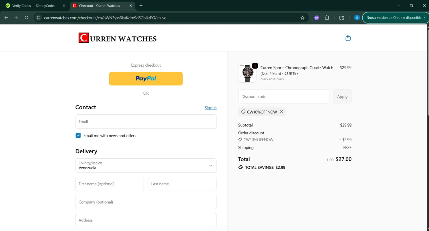 Curren Watches promo code screenshot showing code Cw10%offnow applied at Curren Watches checkout page. Uploaded by SimplyCodes community member _____________ on Oct 11, 2025