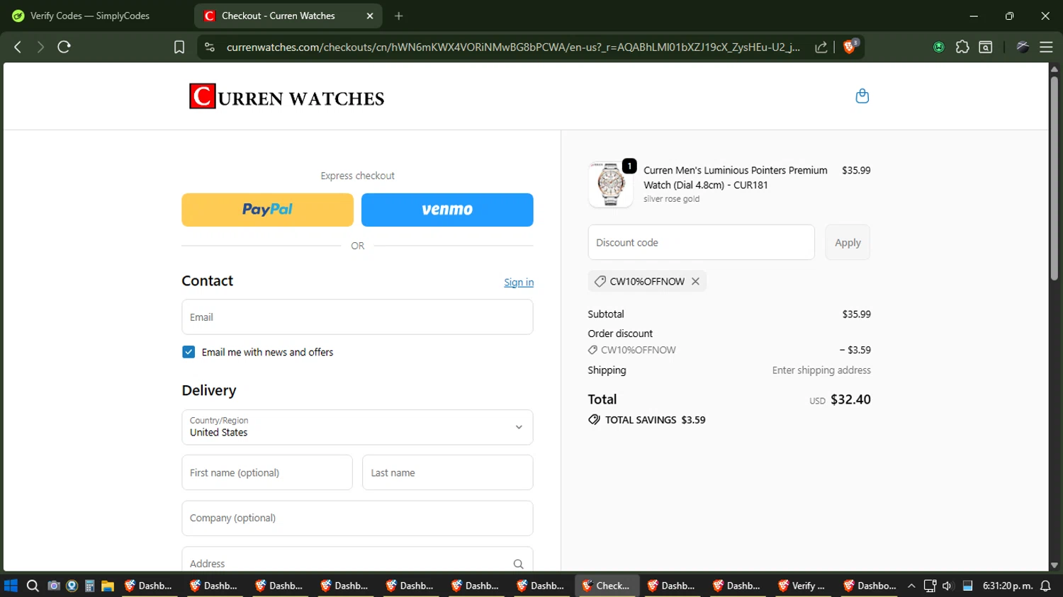 Curren Watches promo code screenshot showing code Cw10%offnow applied at Curren Watches checkout page. Uploaded by SimplyCodes community member Phoenix on Dec 23, 2025
