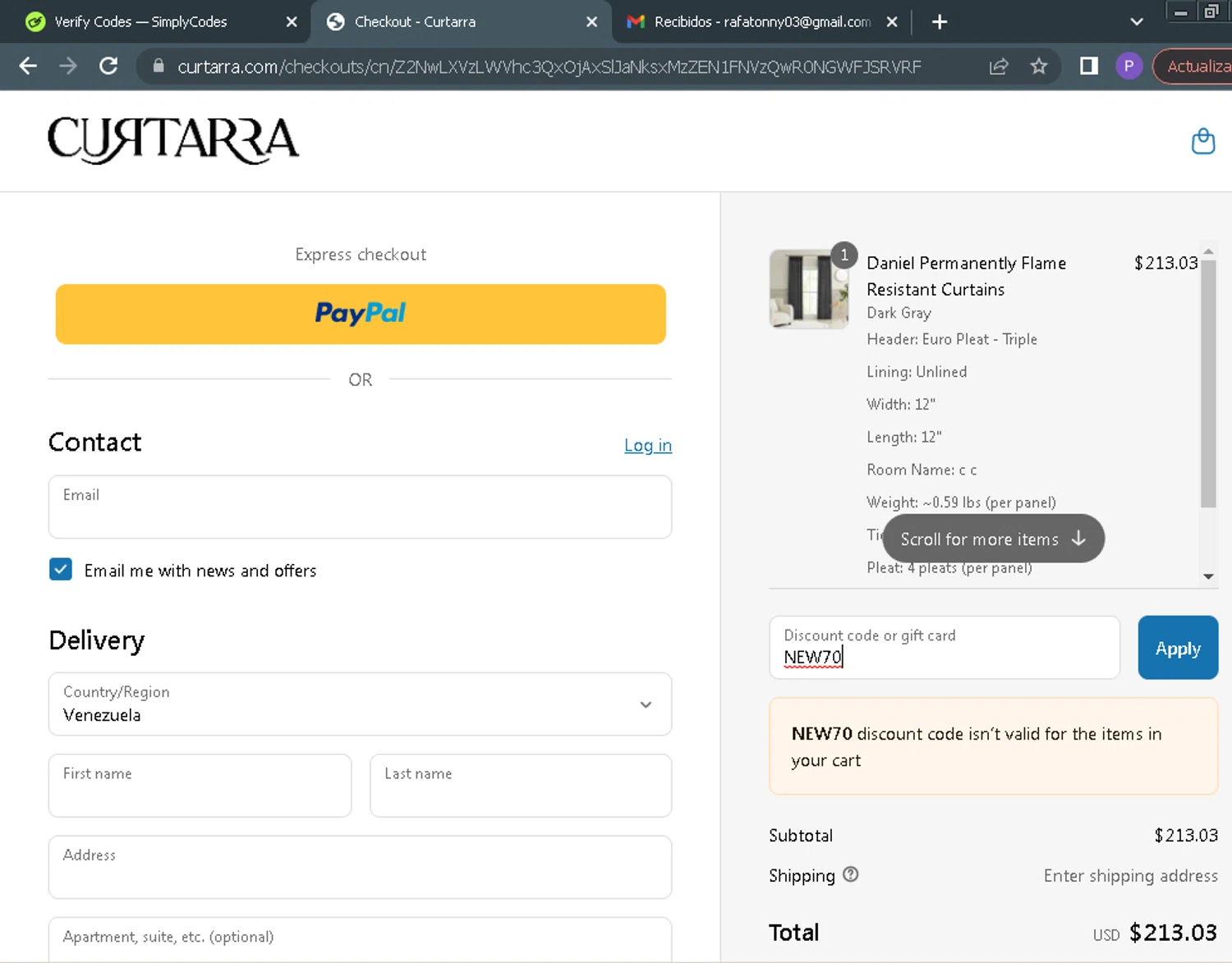 Curtarra discount code screenshot showing code NEW70 applied at Curtarra checkout page. Uploaded by SimplyCodes community member ParisSmith on Apr 16, 2025