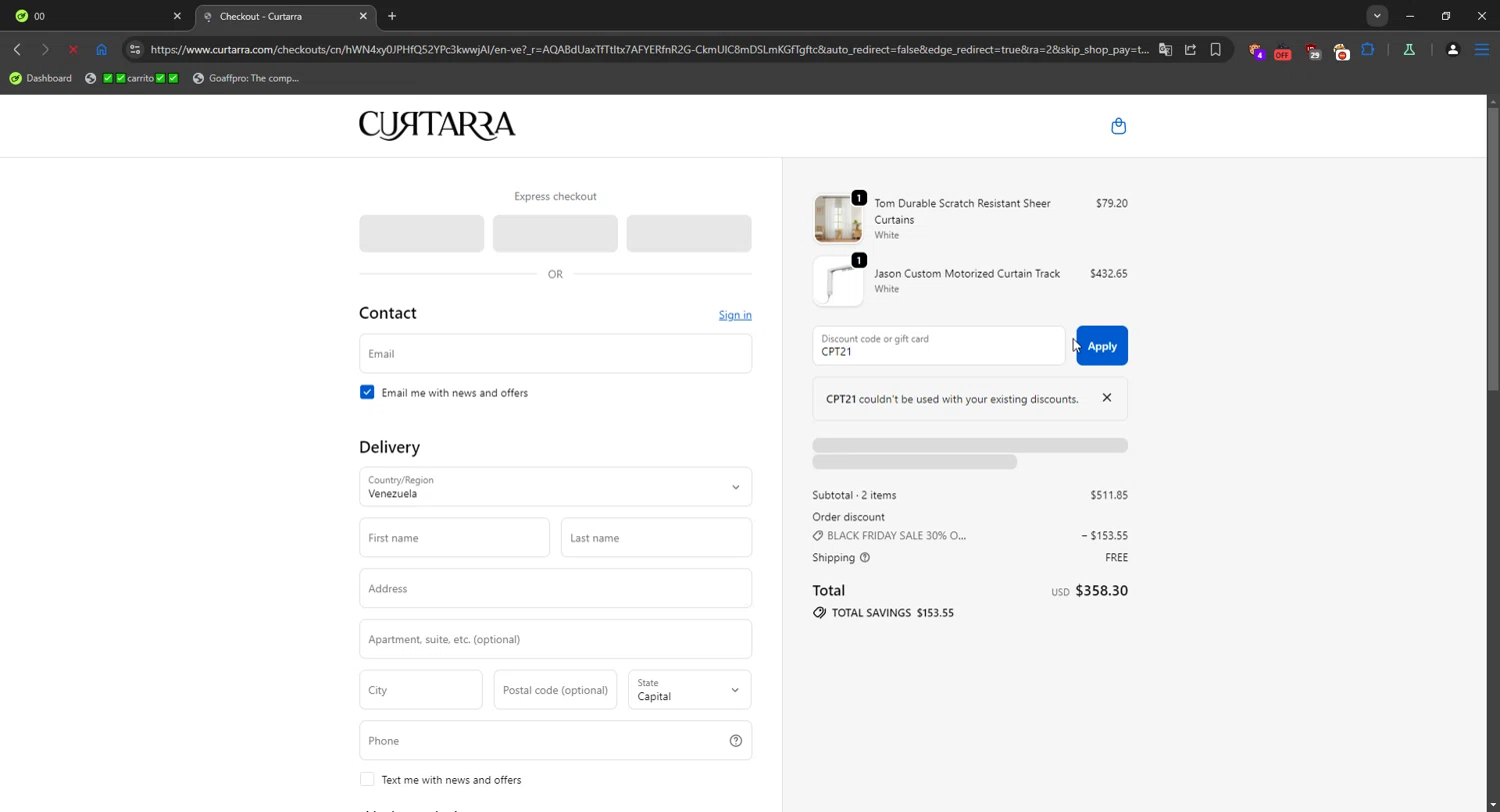 Curtarra discount code screenshot showing code CPT21 applied at Curtarra checkout page. Uploaded by SimplyCodes community member Mriko_Kien_lo_lea on Nov 6, 2025