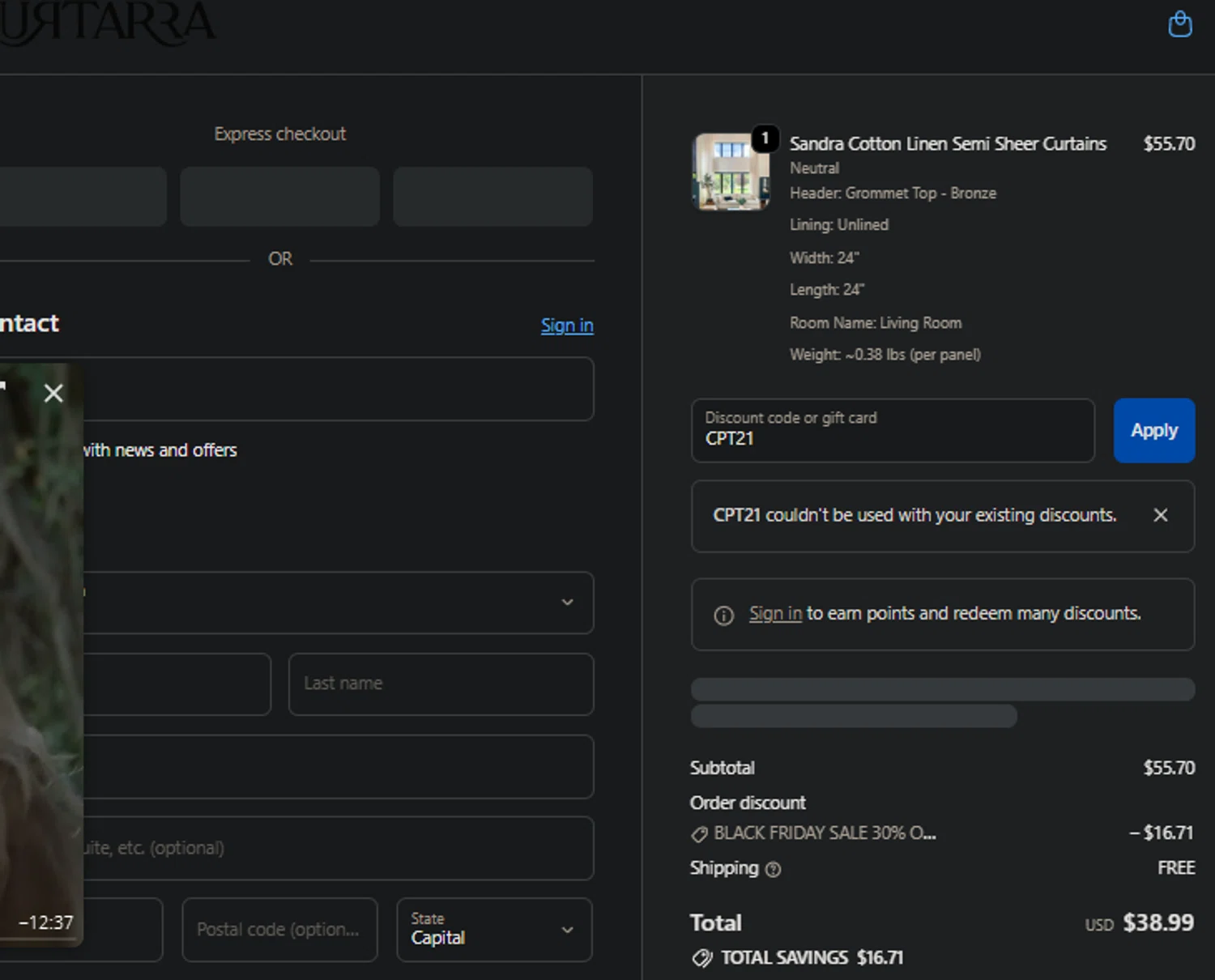 Curtarra discount code screenshot showing code CPT21 applied at Curtarra checkout page. Uploaded by SimplyCodes community member idkxxx on Nov 22, 2025