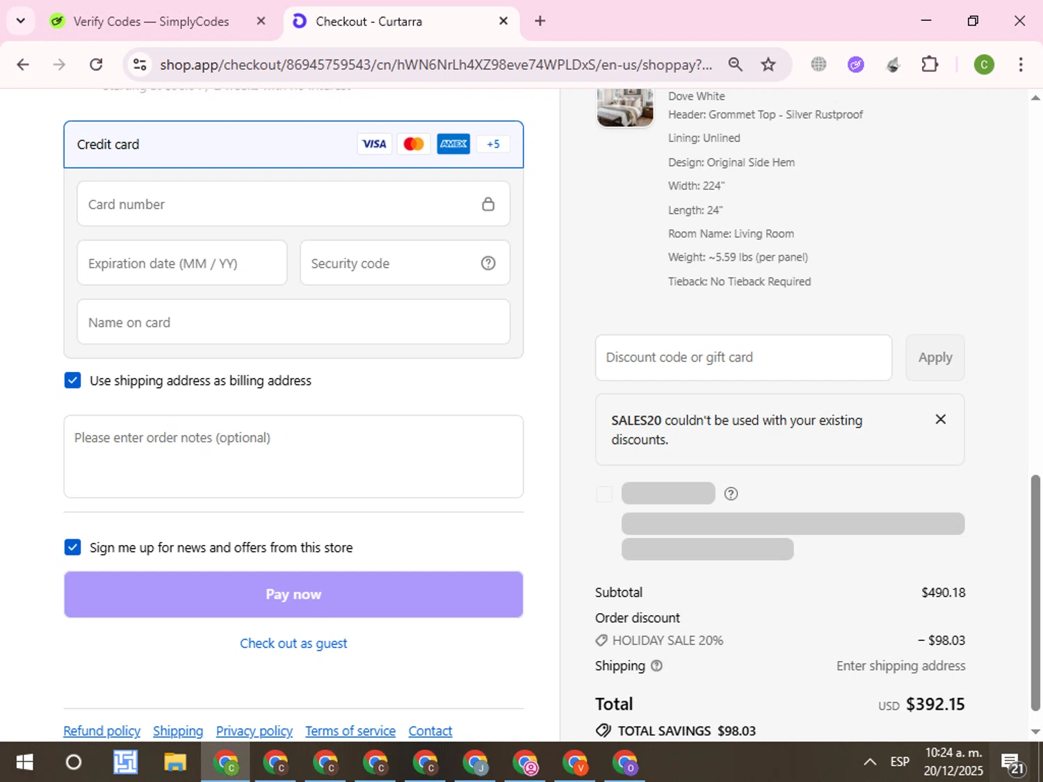 Curtarra discount code screenshot showing code SALES20 applied at Curtarra checkout page. Uploaded by SimplyCodes community member RoyalKnight4673 on Dec 20, 2025
