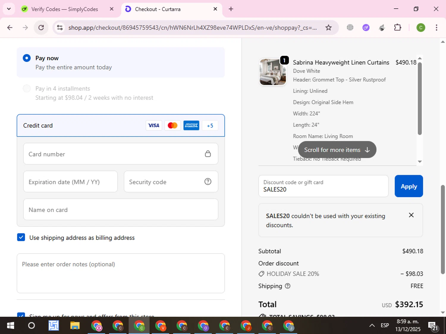 Curtarra discount code screenshot showing code SALES20 applied at Curtarra checkout page. Uploaded by SimplyCodes community member RoyalKnight4673 on Dec 13, 2025