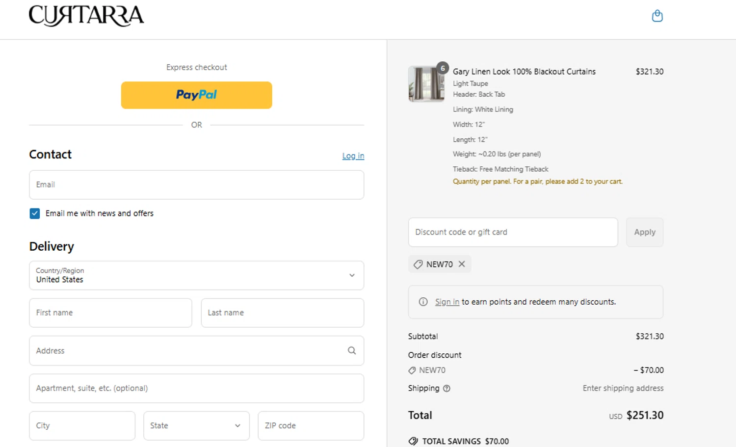 Curtarra discount code screenshot showing code NEW70 applied at Curtarra checkout page. Uploaded by SimplyCodes community member peachee on Apr 7, 2025