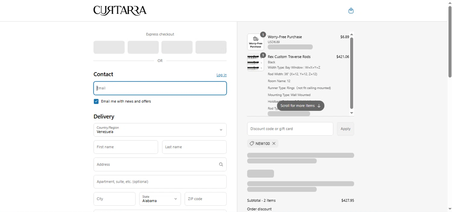 Curtarra discount code screenshot showing code NEW100 applied at Curtarra checkout page. Uploaded by SimplyCodes community member shark12 on Jul 14, 2025