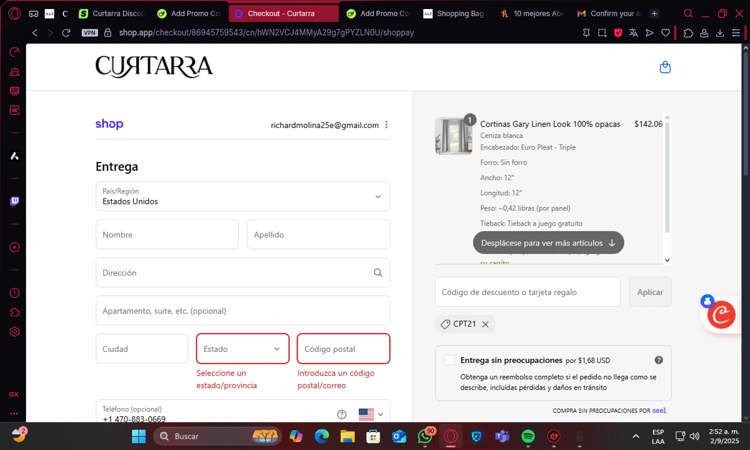 Curtarra discount code screenshot showing code CPT21 applied at Curtarra checkout page. Uploaded by SimplyCodes community member tralalero777 on Sep 2, 2025