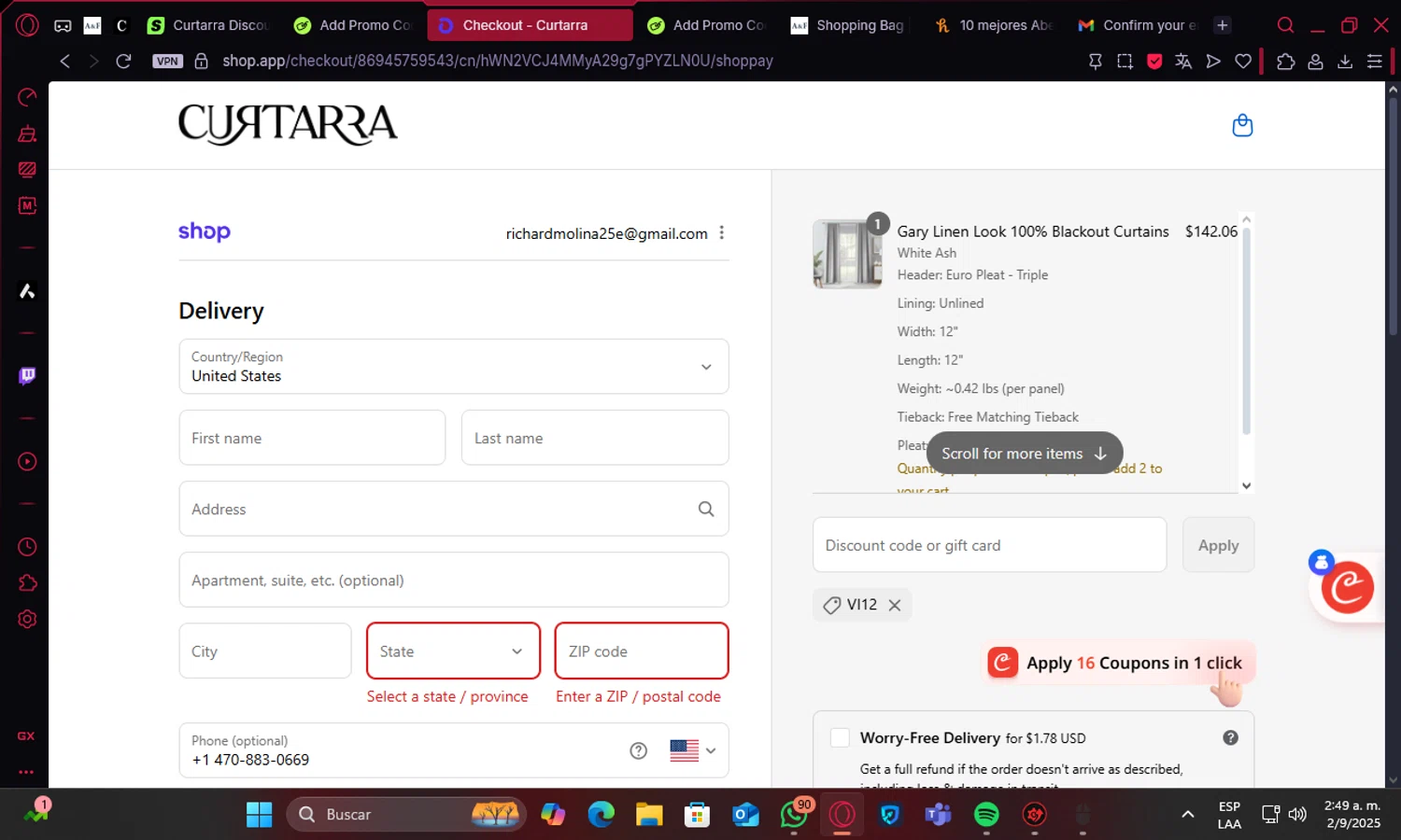 Curtarra discount code screenshot showing code VI12 applied at Curtarra checkout page. Uploaded by SimplyCodes community member tralalero777 on Sep 2, 2025