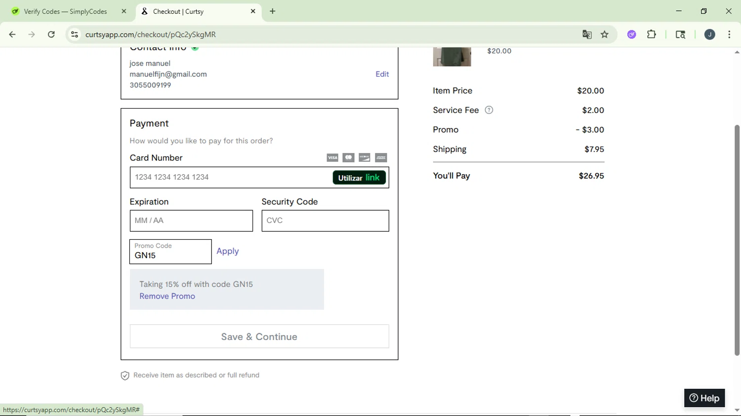 Curtsy promo code screenshot showing code GN15 applied at Curtsy checkout page. Uploaded by SimplyCodes community member GloriousCollector9930 on Aug 22, 2025