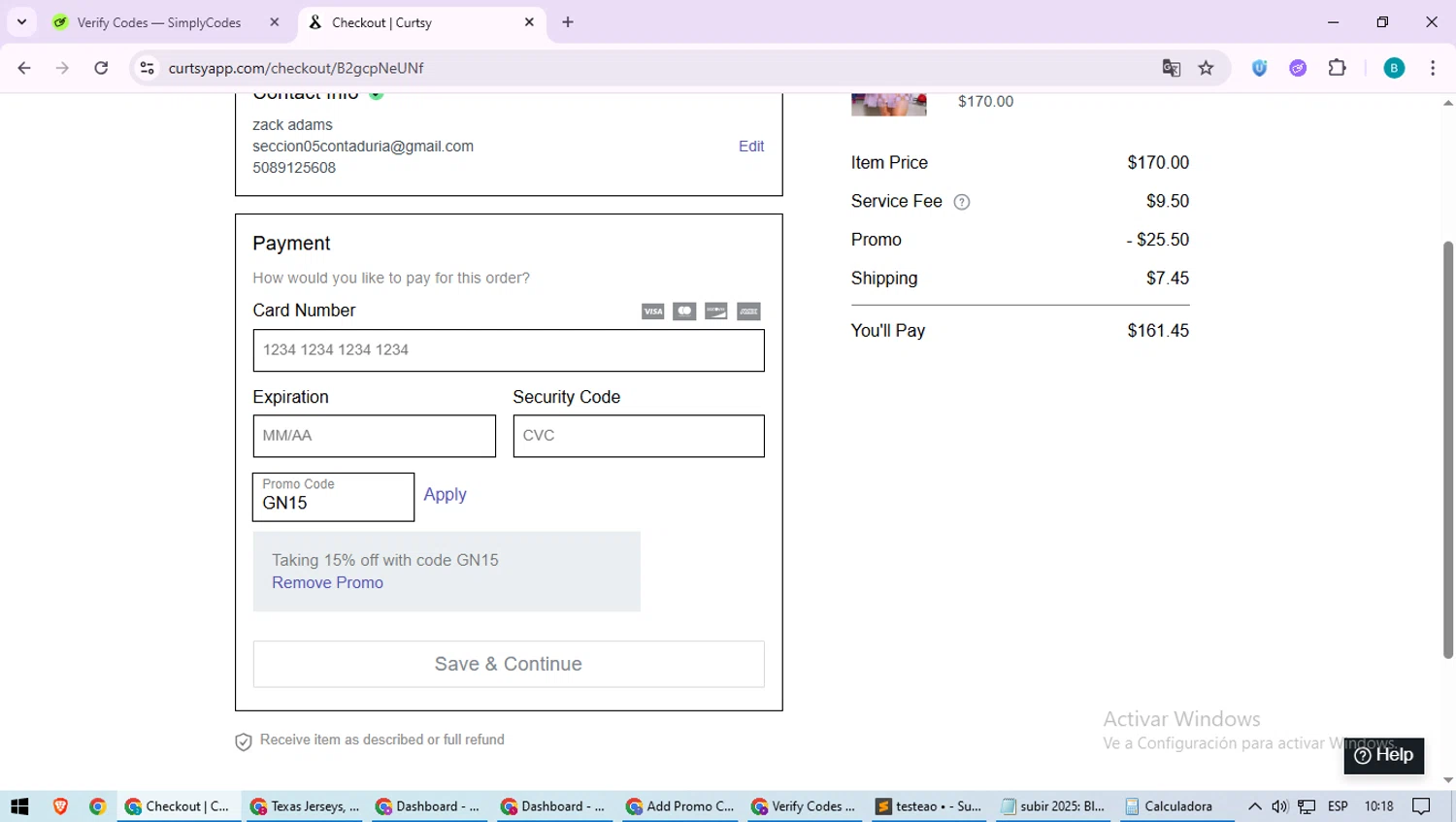 Curtsy promo code screenshot showing code GN15 applied at Curtsy checkout page. Uploaded by SimplyCodes community member QuestScholar5572 on Jun 21, 2025