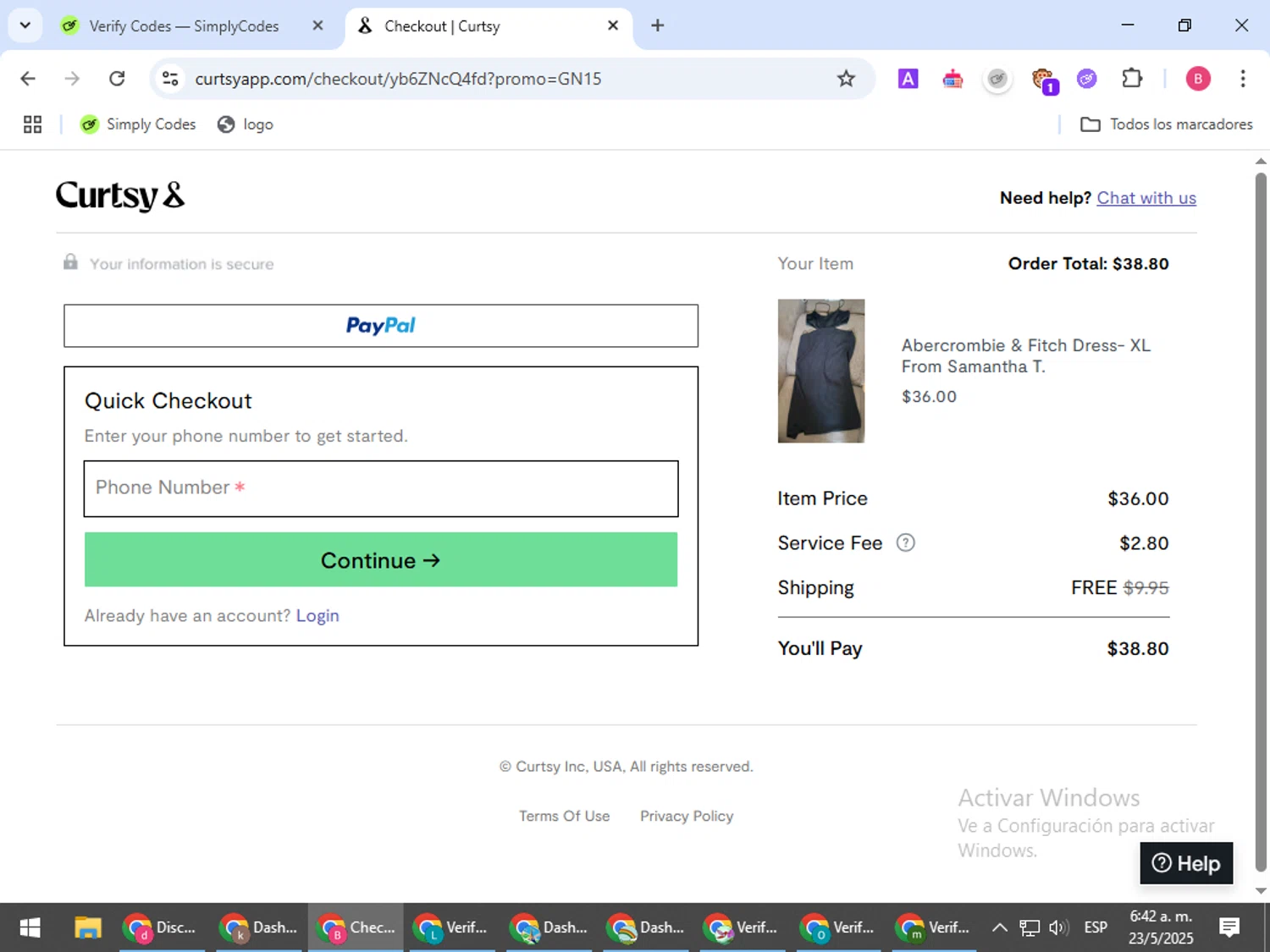 Curtsy promo code screenshot showing code GN15 applied at Curtsy checkout page. Uploaded by SimplyCodes community member bombontropical on May 23, 2025