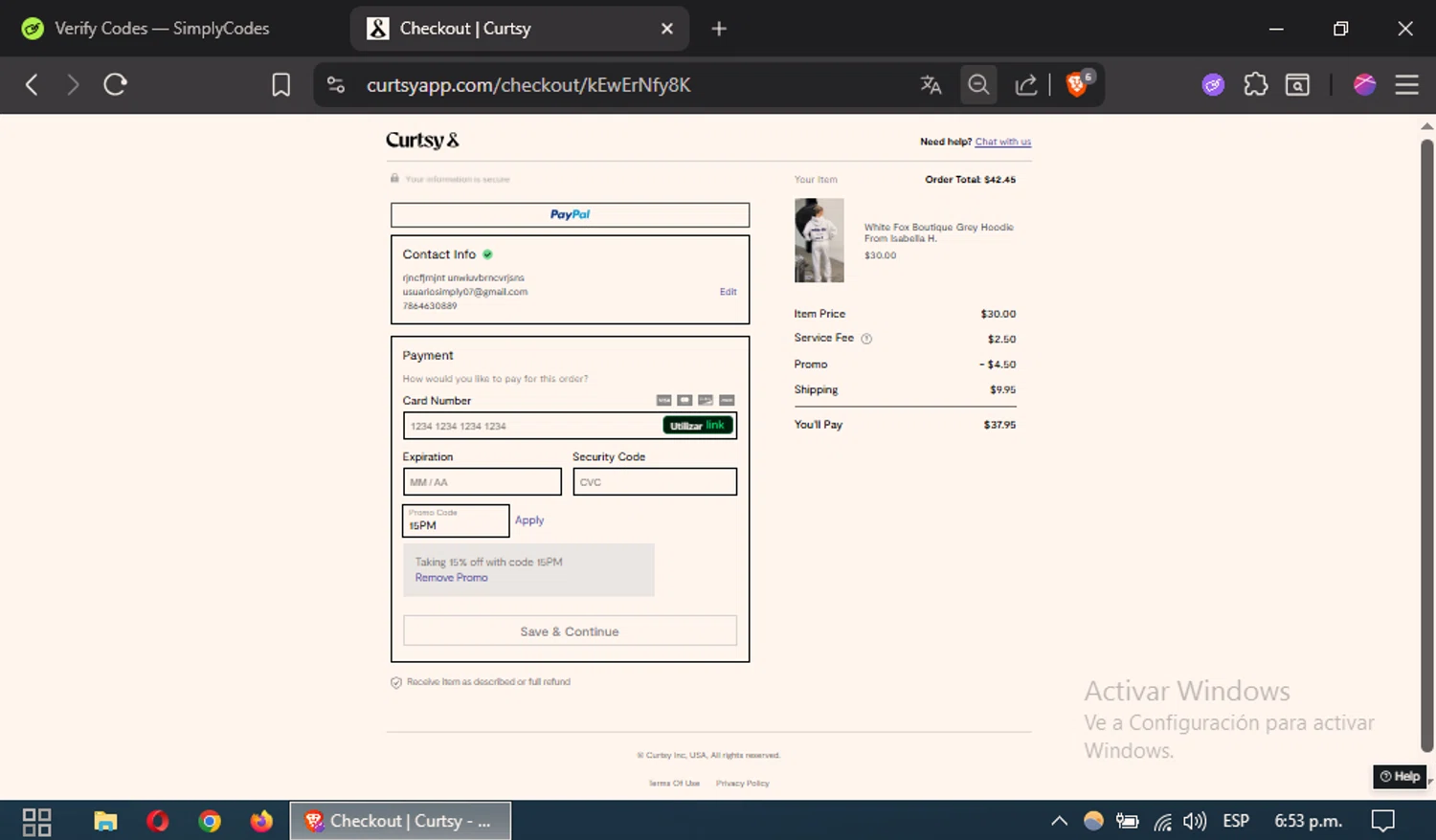 Curtsy promo code screenshot showing code 15PM applied at Curtsy checkout page. Uploaded by SimplyCodes community member CouponSaver4196 on Jul 25, 2025