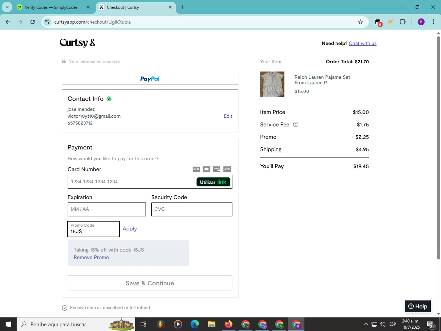 Curtsy promo code screenshot showing code 15JS applied at Curtsy checkout page. Uploaded by SimplyCodes community member Soyvictor on Jul 10, 2025