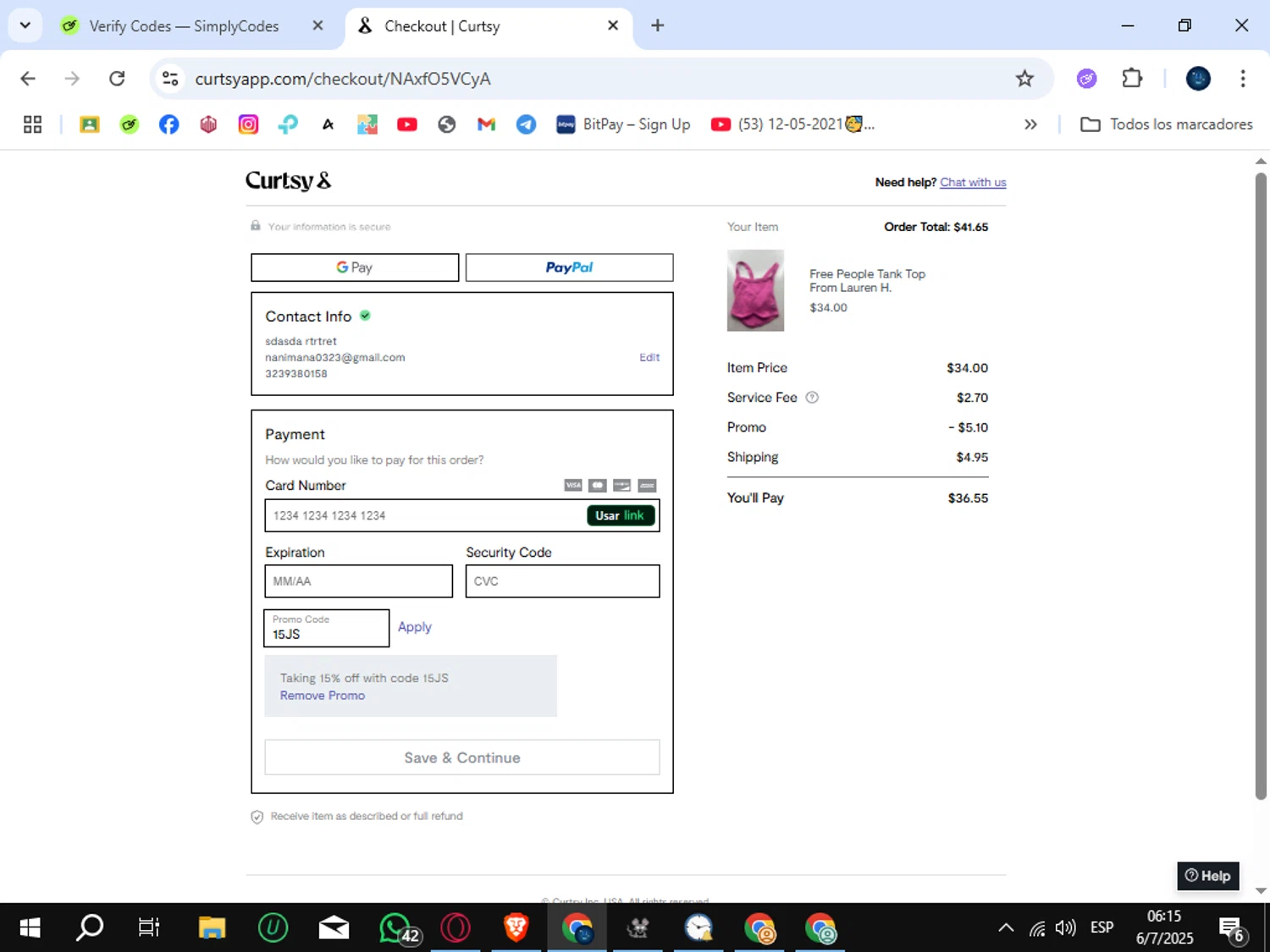 Curtsy promo code screenshot showing code 15JS applied at Curtsy checkout page. Uploaded by SimplyCodes community member SunJinWoo on Jul 6, 2025