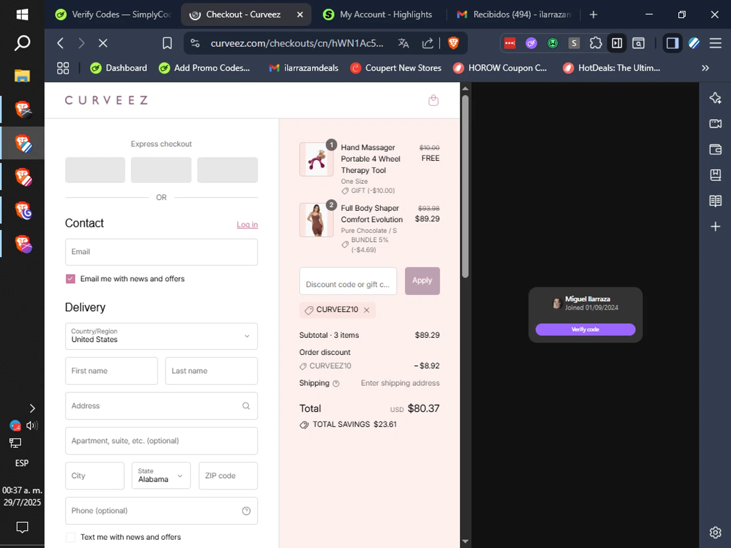 Curveez promo code screenshot showing code Curveez10 applied at Curveez checkout page. Uploaded by SimplyCodes community member ilarrazaM2 on Jul 29, 2025