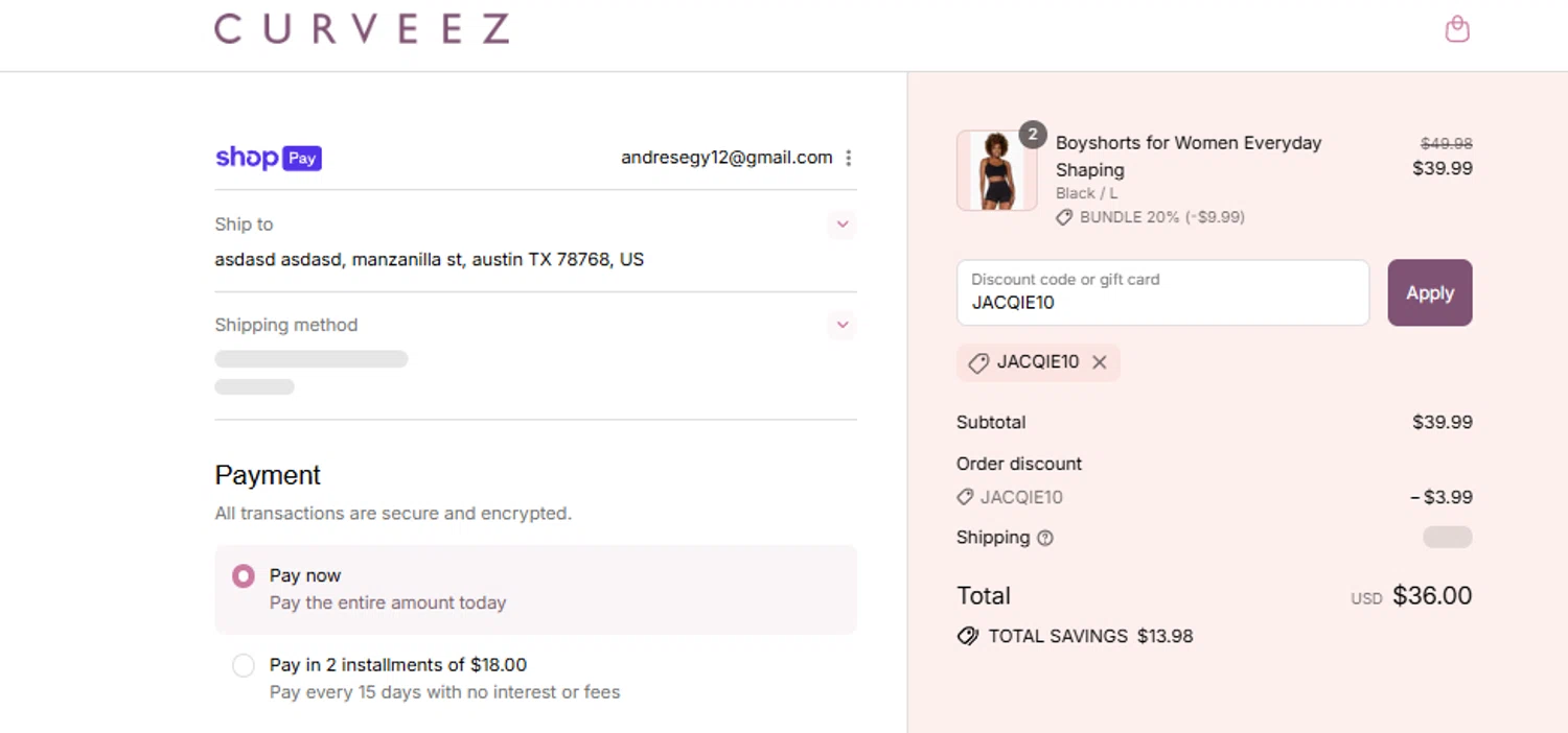 Curveez promo code screenshot showing code JACQIE10 applied at Curveez checkout page. Uploaded by SimplyCodes community member Woskal on Aug 24, 2025