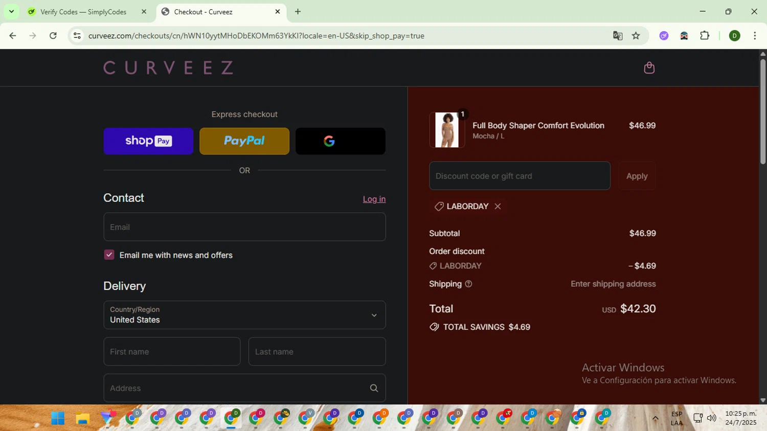 Curveez promo code screenshot showing code LABORDAY applied at Curveez checkout page. Uploaded by SimplyCodes community member BargainGuardian5495 on Jul 25, 2025