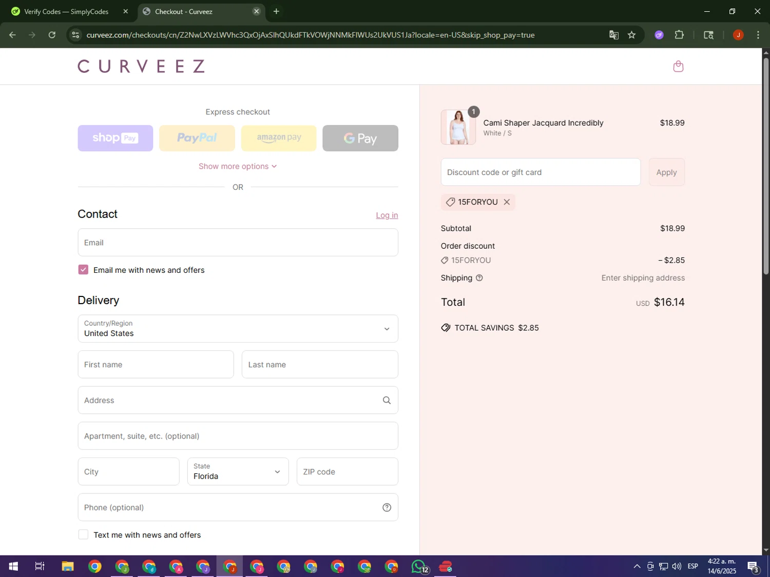 Curveez promo code screenshot showing code 15FORYOU applied at Curveez checkout page. Uploaded by SimplyCodes community member KimDokja on Jun 14, 2025