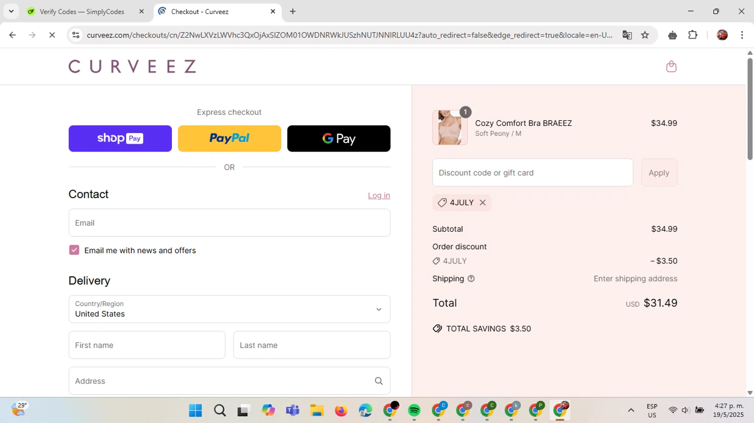 Curveez promo code screenshot showing code 4JULY applied at Curveez checkout page. Uploaded by SimplyCodes community member GloriousDefender7889 on May 19, 2025