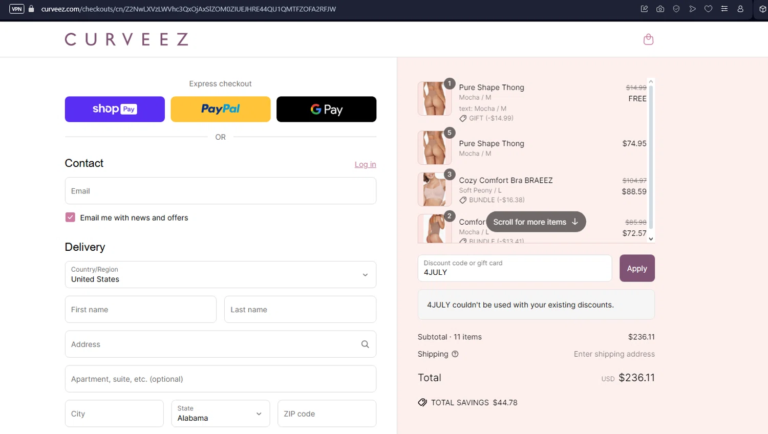Curveez promo code screenshot showing code 4JULY applied at Curveez checkout page. Uploaded by SimplyCodes community member rafaelmarquez on May 19, 2025