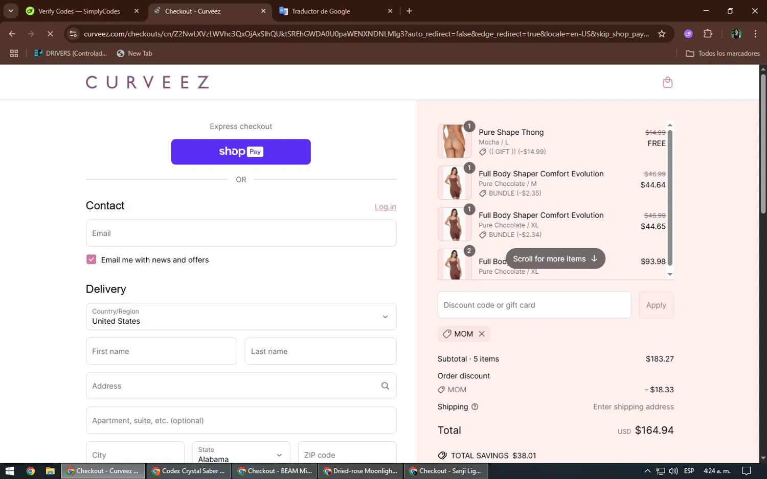 Curveez promo code screenshot showing code MOM applied at Curveez checkout page. Uploaded by SimplyCodes community member TheWizard on Jun 14, 2025
