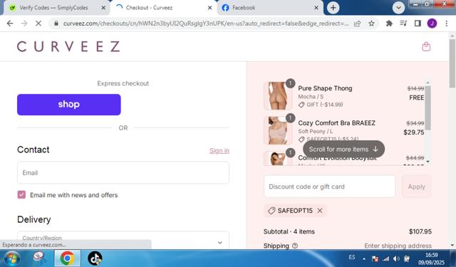 Curveez checkout page showing Curveez promo code box | Screenshot taken by SimplyCodes community member on Sep 9, 2025