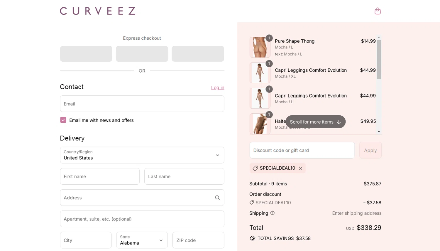 Curveez promo code screenshot showing code SPECIALDEAL10 applied at Curveez checkout page. Uploaded by SimplyCodes community member oliveririarte on Aug 2, 2025