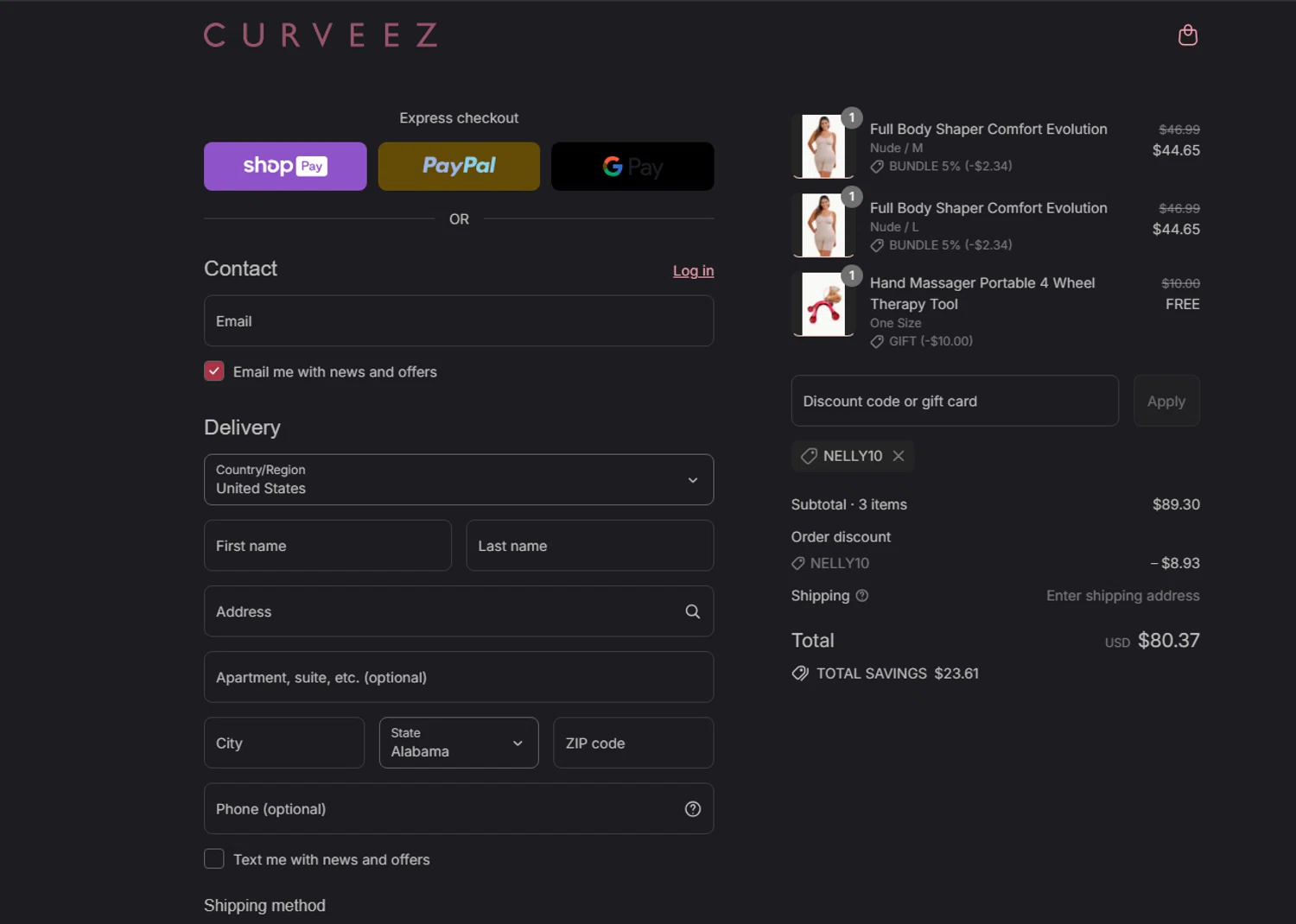 Curveez promo code screenshot showing code NELLY10 applied at Curveez checkout page. Uploaded by SimplyCodes community member tony2702 on Aug 2, 2025