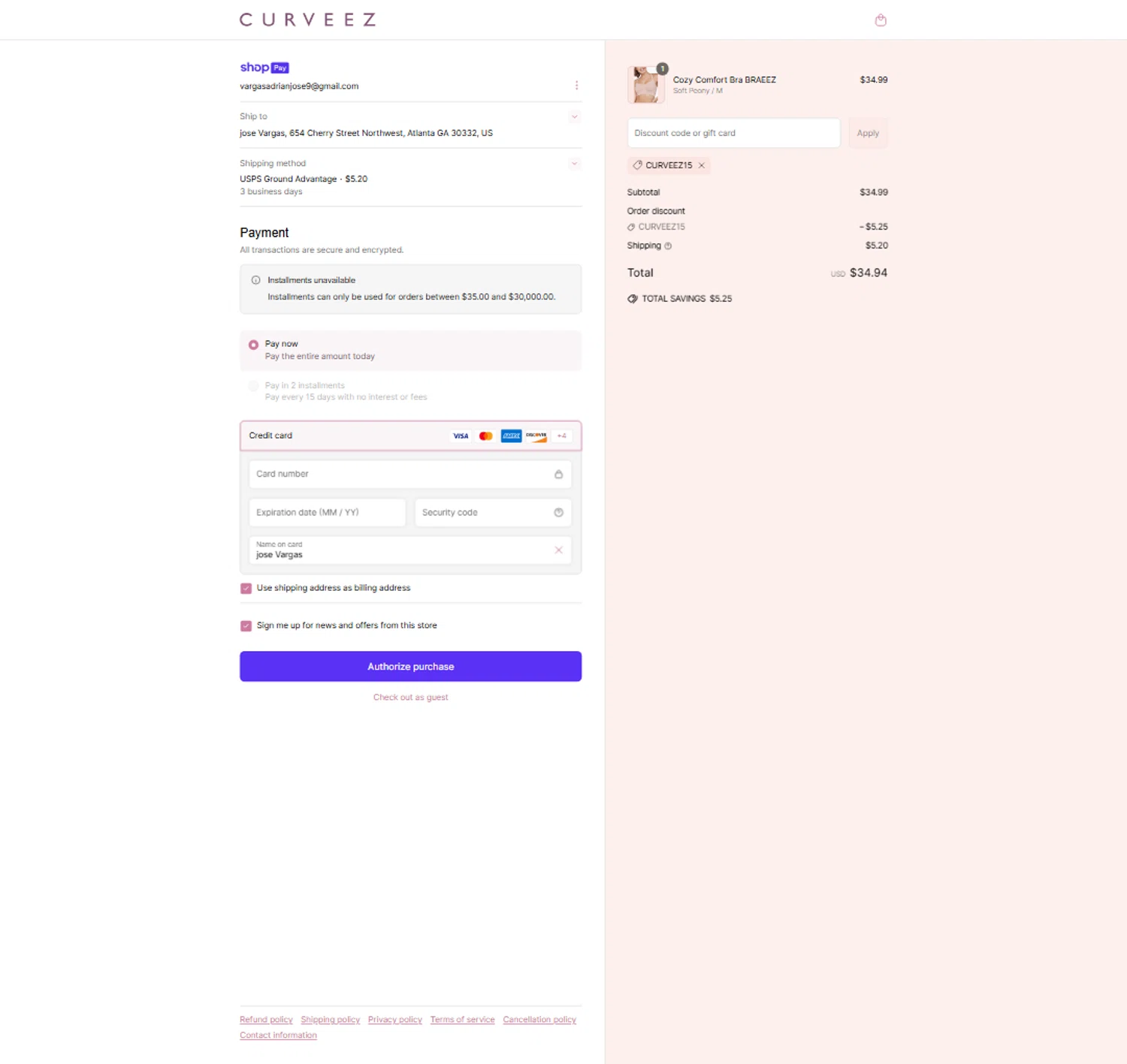 Curveez promo code screenshot showing code curveez15 applied at Curveez checkout page. Uploaded by SimplyCodes community member Rossimar on May 29, 2025