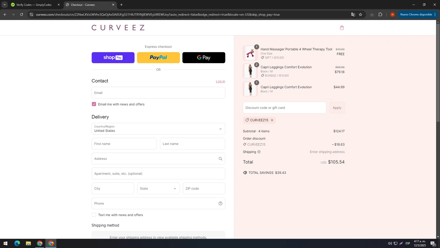 Curveez promo code screenshot showing code curveez15 applied at Curveez checkout page. Uploaded by SimplyCodes community member SIMPLYCODESSS on Mar 12, 2025