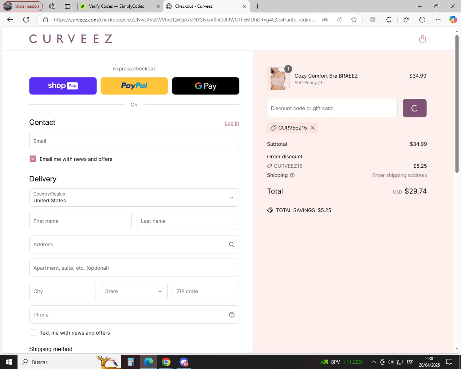 Curveez promo code screenshot showing code curveez15 applied at Curveez checkout page. Uploaded by SimplyCodes community member jechtff10 on Apr 28, 2025