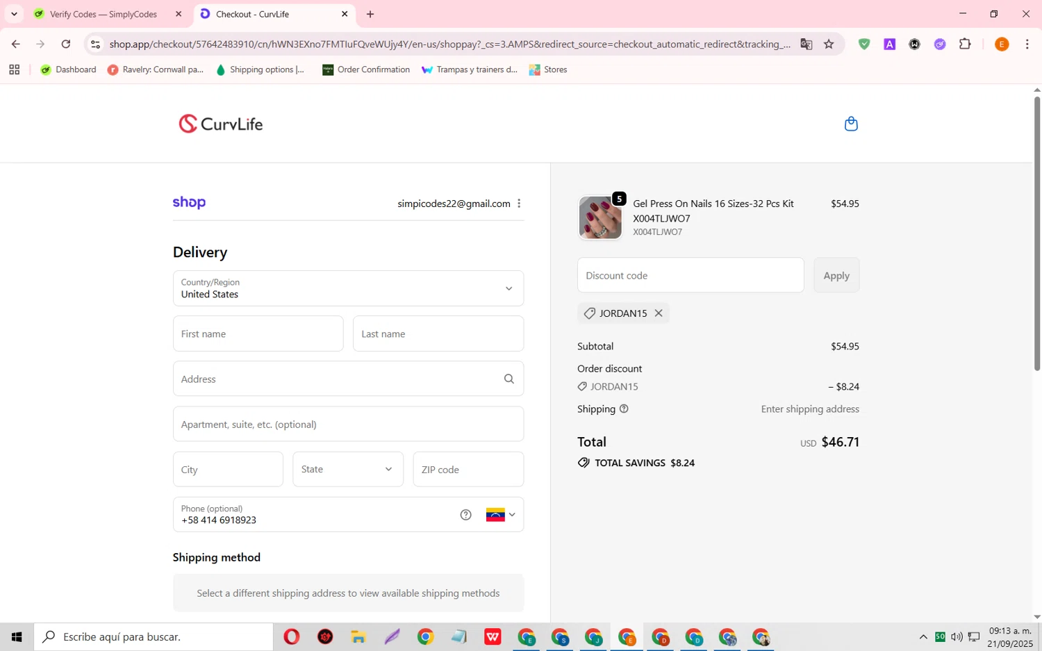 CurvLife discount code screenshot showing code JORDAN15 applied at CurvLife checkout page. Uploaded by SimplyCodes community member RewardFalcon3197 on Sep 21, 2025