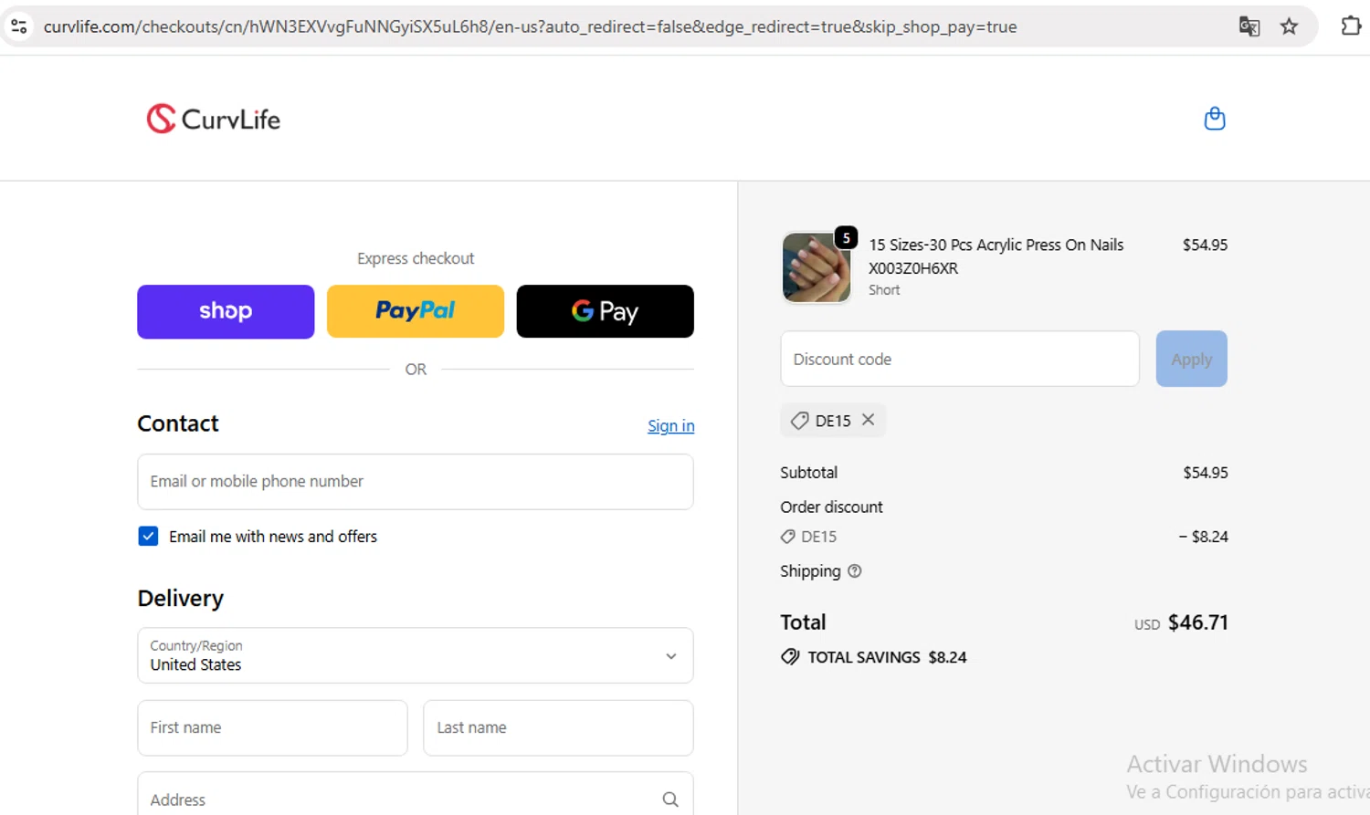 CurvLife discount code screenshot showing code DE15 applied at CurvLife checkout page. Uploaded by SimplyCodes community member Bel0610 on Sep 21, 2025