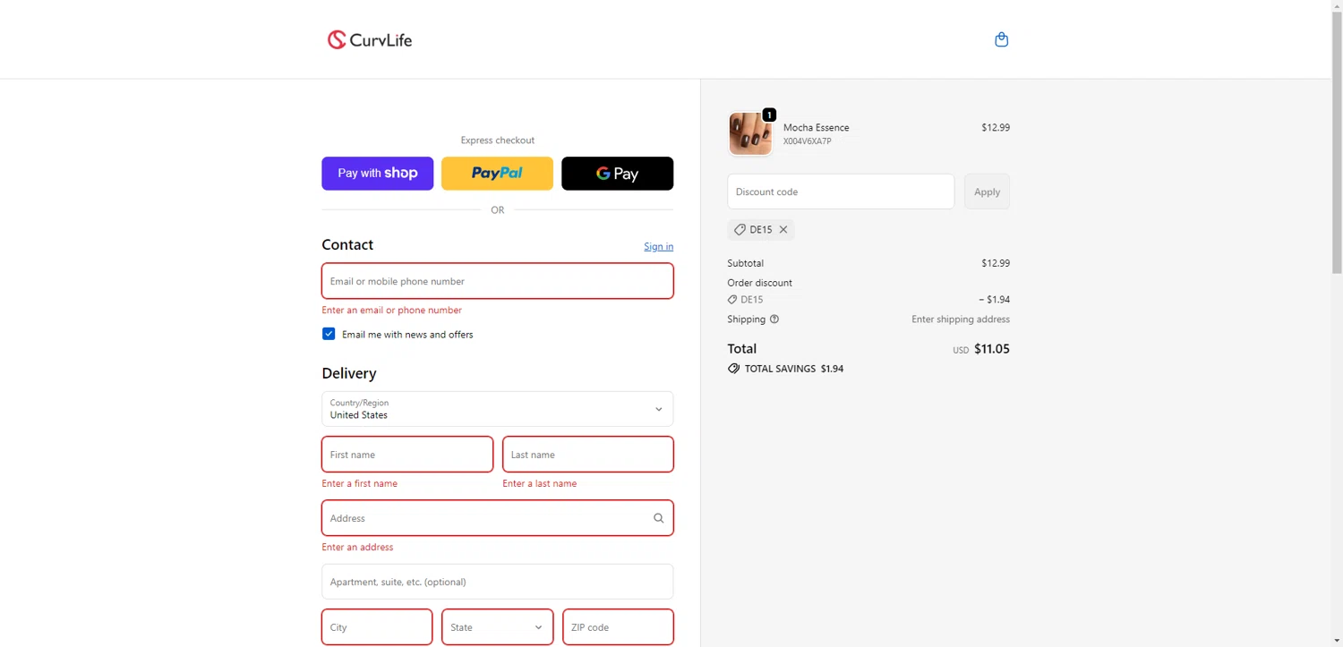 CurvLife promo code screenshot showing code DE15 applied at CurvLife checkout page. Uploaded by SimplyCodes community member NobleMaestro6498 on Jan 11, 2026
