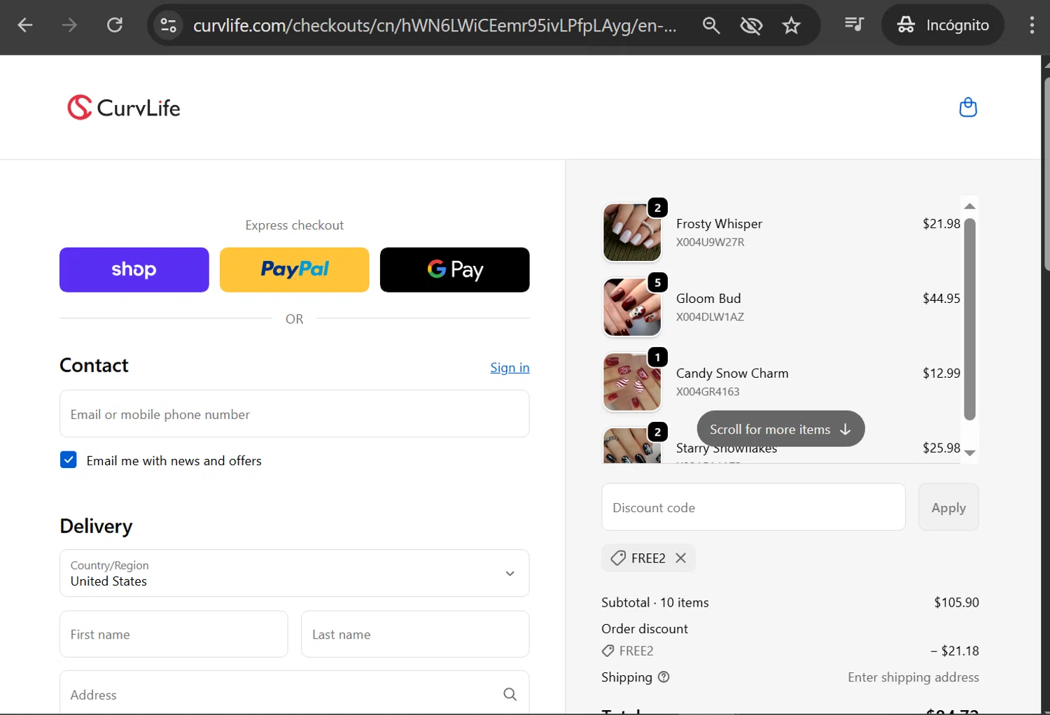 CurvLife discount code screenshot showing code FREE2 applied at CurvLife checkout page. Uploaded by SimplyCodes community member anosesmith on Dec 12, 2025