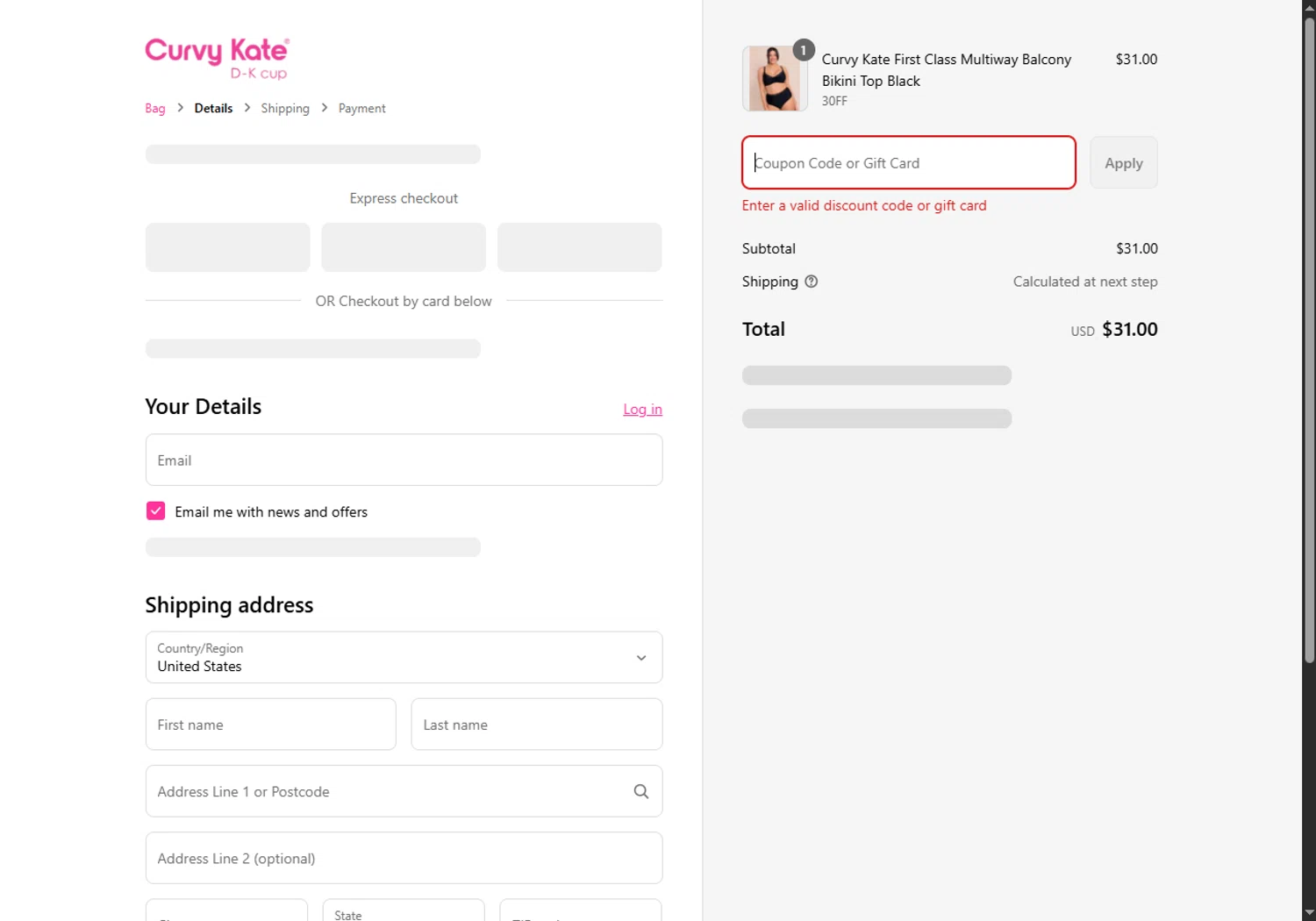 Curvy Kate coupon code screenshot showing code NOSTIPE applied at Curvy Kate checkout page. Uploaded by SimplyCodes community member BargainSaver8204 on Aug 27, 2025