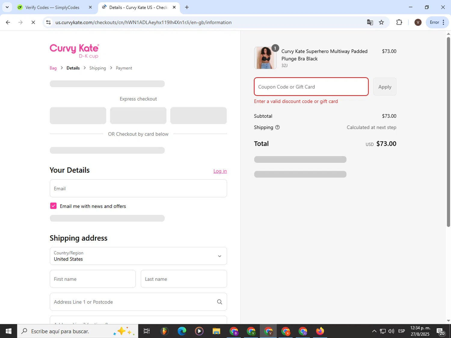 Curvy Kate coupon code screenshot showing code NOSTIPE applied at Curvy Kate checkout page. Uploaded by SimplyCodes community member CashLion3448 on Aug 27, 2025