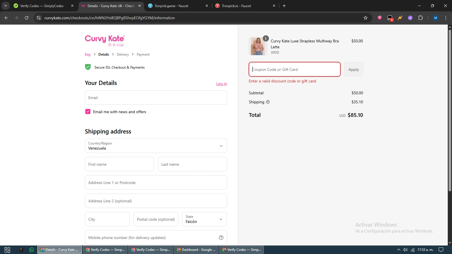 Curvy Kate coupon code screenshot showing code NOSTIPE applied at Curvy Kate checkout page. Uploaded by SimplyCodes community member EpicVoyager2820 on Aug 27, 2025